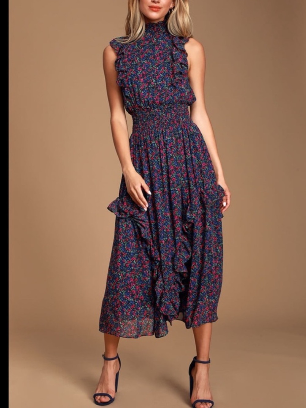 Lulu’s Evalina Floral Ruffle Midi Dress - blue pink size XS high neck sleeveless